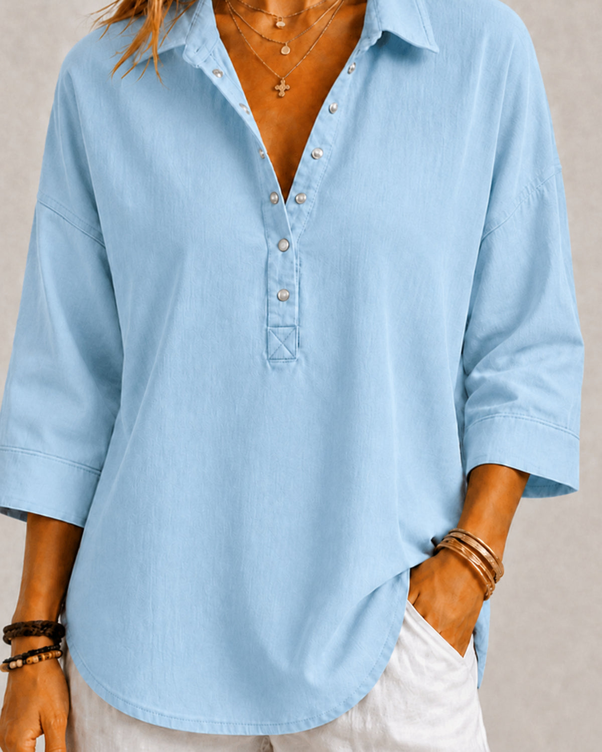 New Arrival🔥 Women's Casual Linen Blend Henley 3/4 Sleeve Shirt