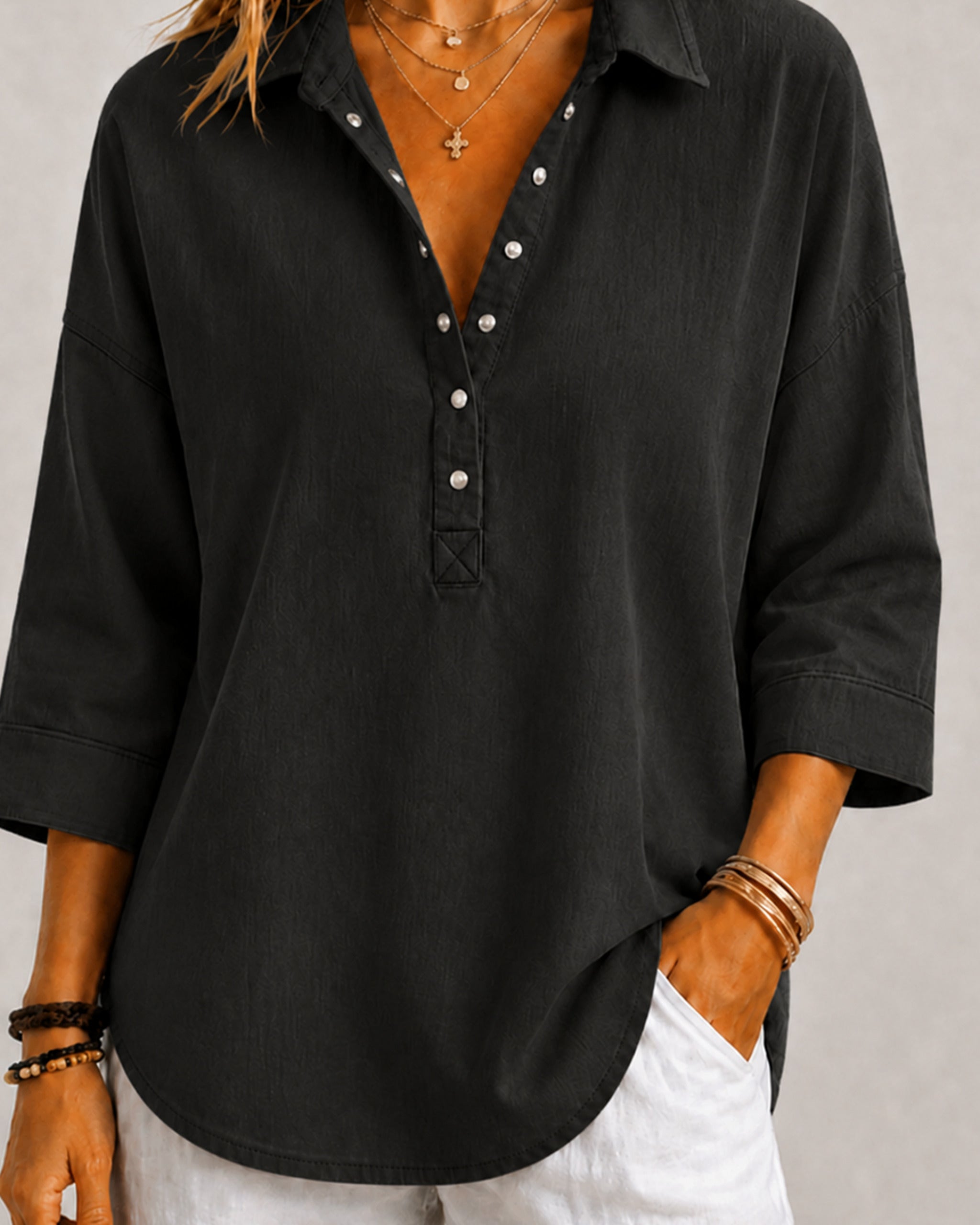 New Arrival🔥 Women's Casual Linen Blend Henley 3/4 Sleeve Shirt