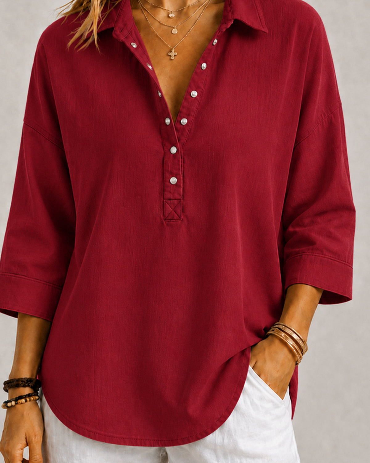 New Arrival🔥 Women's Casual Linen Blend Henley 3/4 Sleeve Shirt
