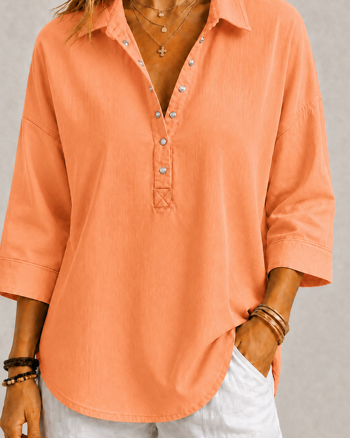 New Arrival🔥 Women's Casual Linen Blend Henley 3/4 Sleeve Shirt