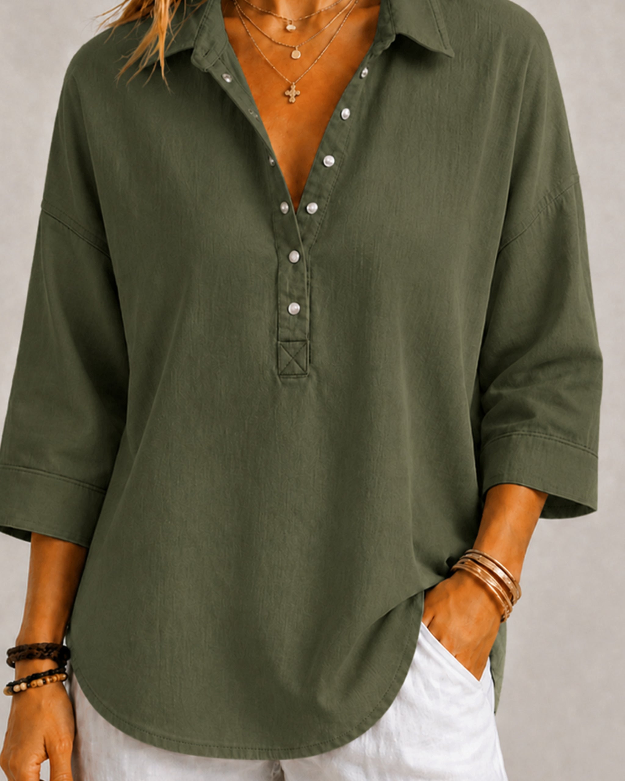 New Arrival🔥 Women's Casual Linen Blend Henley 3/4 Sleeve Shirt