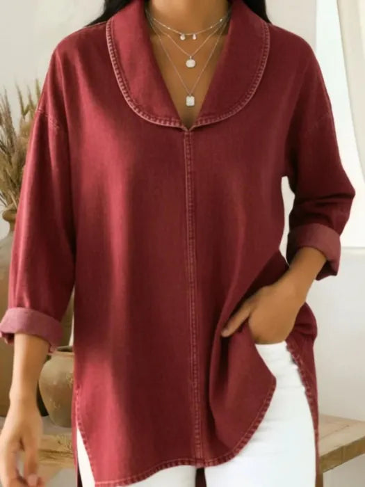 Wine red retro denim top with shawl collar, alternate view