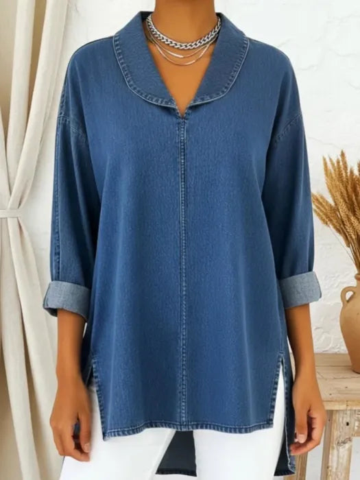 Blue retro denim top with shawl collar, alternate view