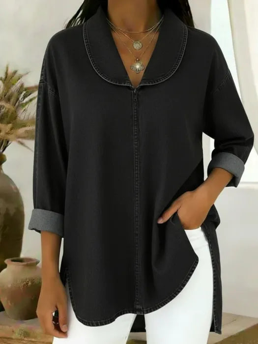 Black retro denim top with shawl collar